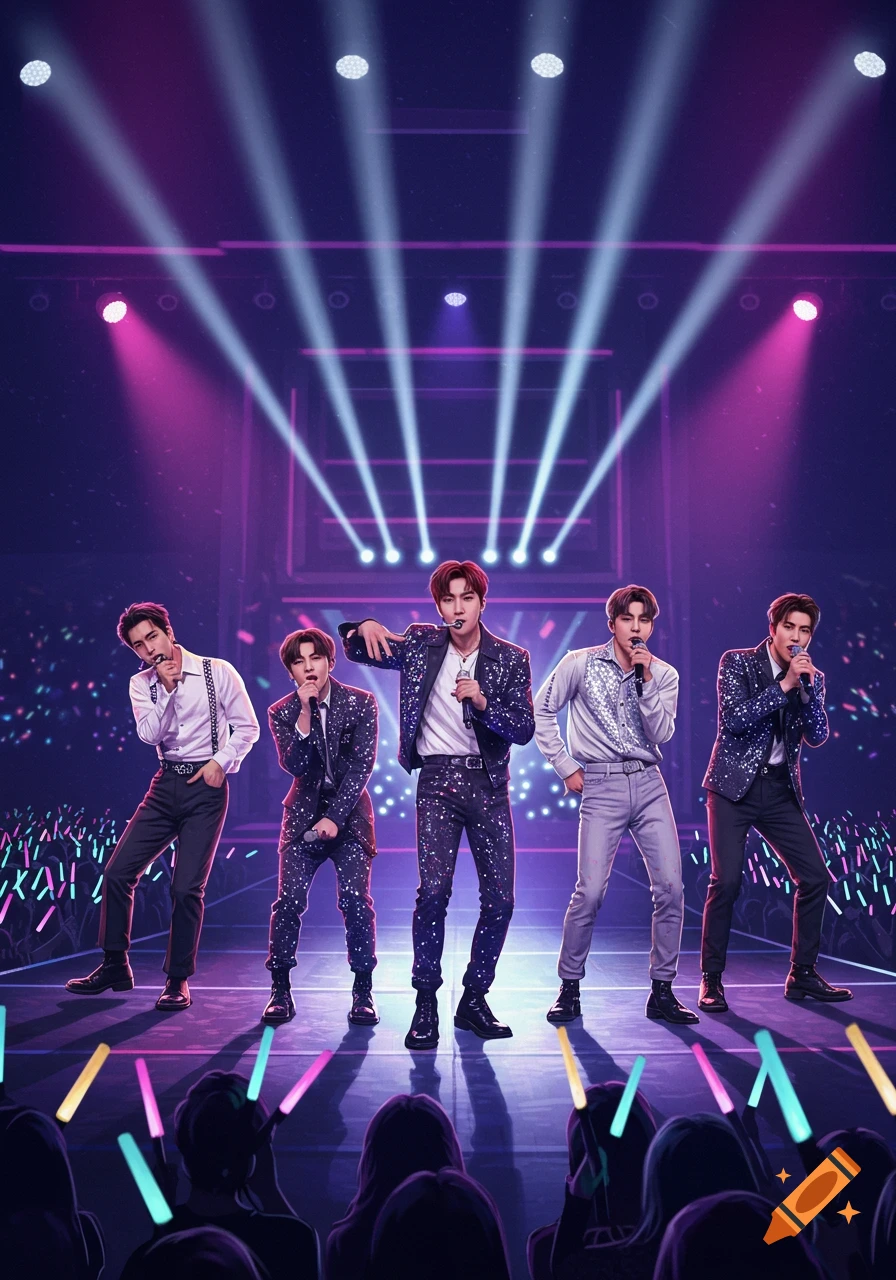 Illustration of five K-pop men performing on a vibrant stage under purple and white spotlights, with a crowd holding glow sticks.
