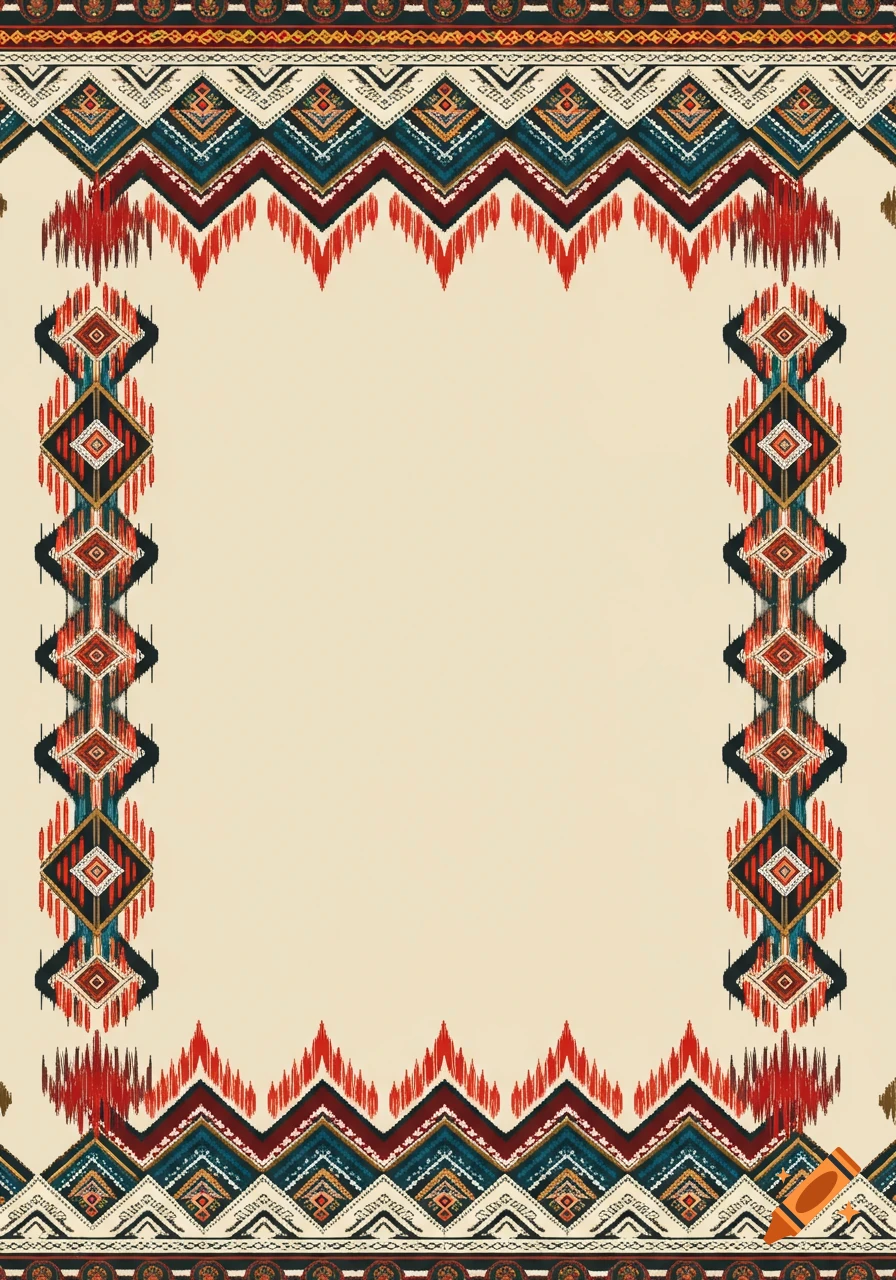 An ornate decorative border with colorful zig-zag and diamond patterns in a textile art style frames a light beige center.
