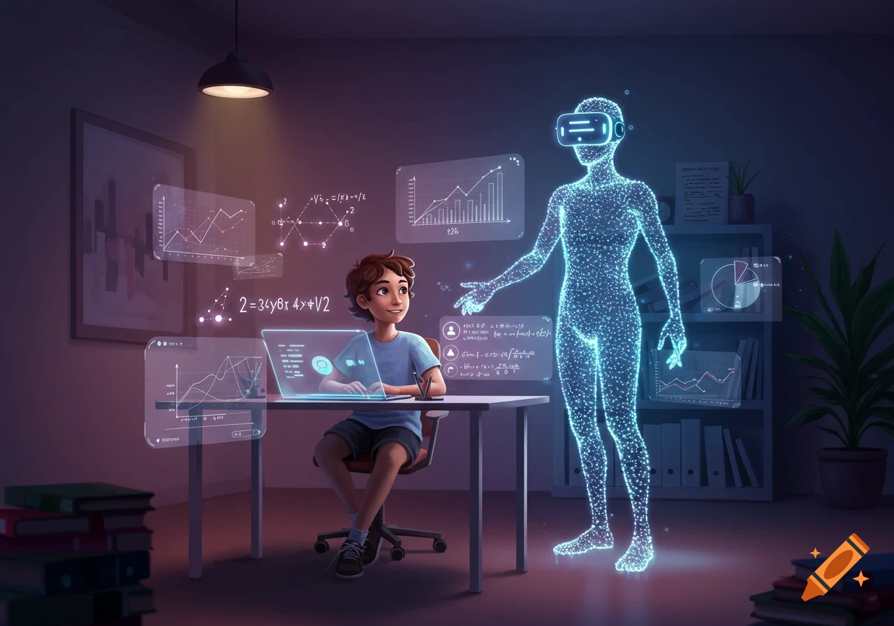 A boy studies at a desk with an AR tutor, surrounded by holographic graphs and equations in a dimly lit room.