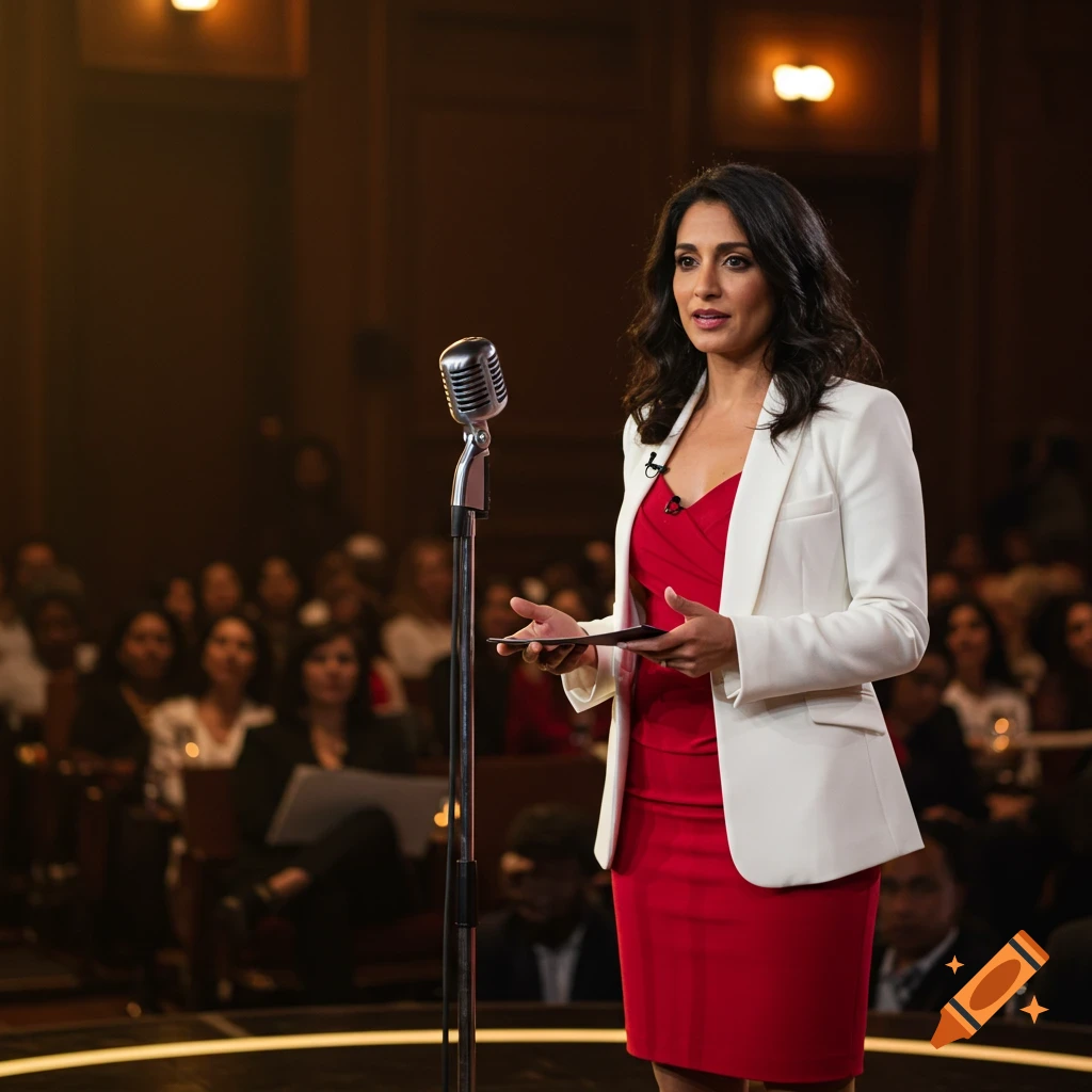 A woman in a red dress and white blazer speaks at a vintage microphone on a stage in front of an audience.