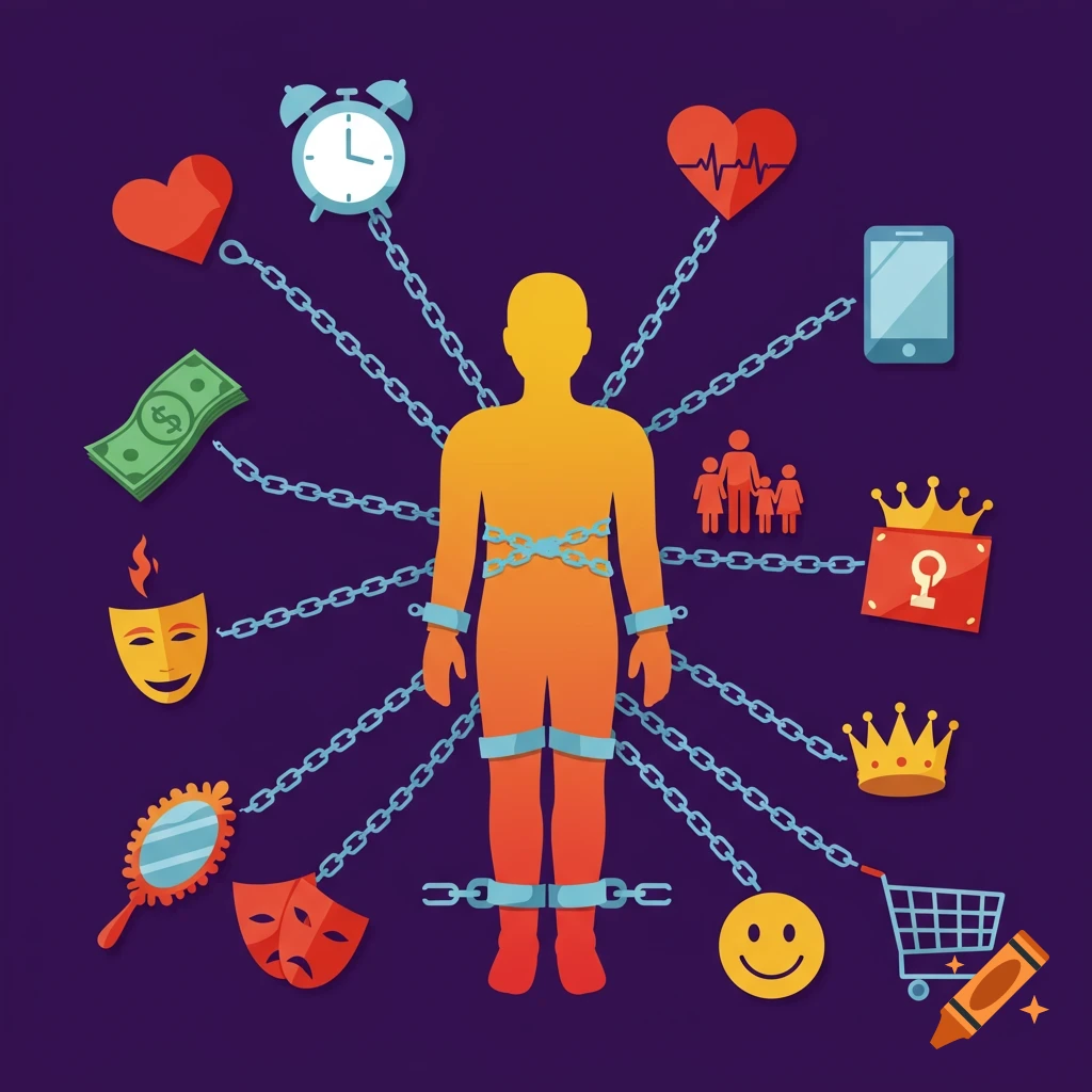 A flat vector illustration of an orange human silhouette chained to symbolic objects like money, a clock, a phone, and crowns, on a purple background.