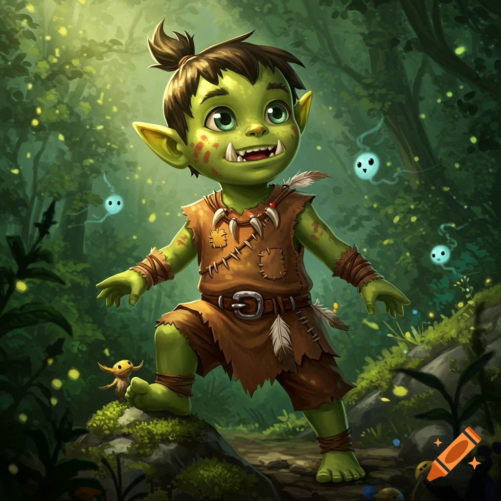 A smiling green baby ork in a tattered outfit stands on a mossy rock in a whimsical forest with glowing spirits.