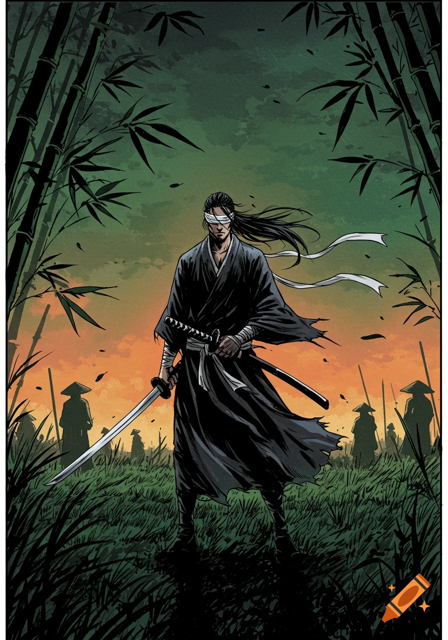 A blindfolded samurai stands with a katana in a bamboo forest at sunset, with silhouetted figures in the background, in a manga panel style.