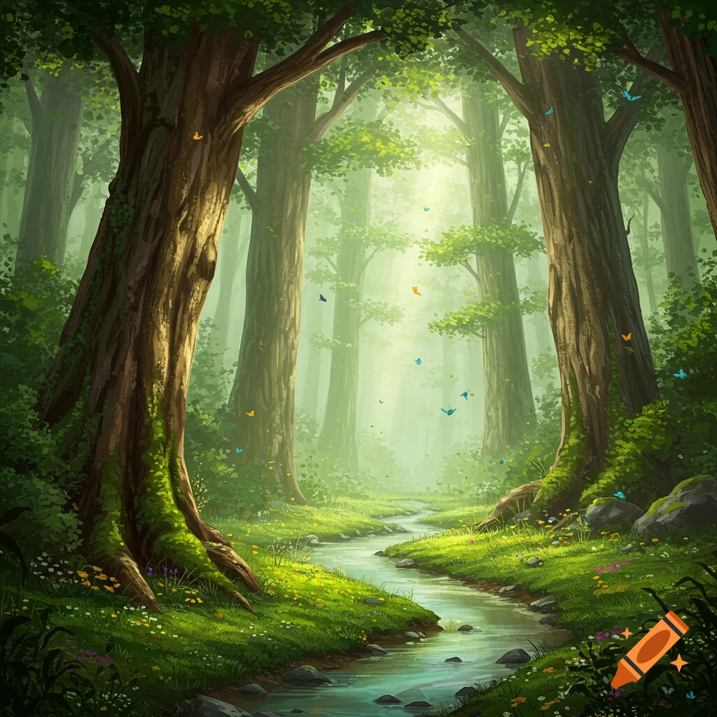 Lush green fantasy forest with tall trees, a winding stream, sunlight, and colorful butterflies.