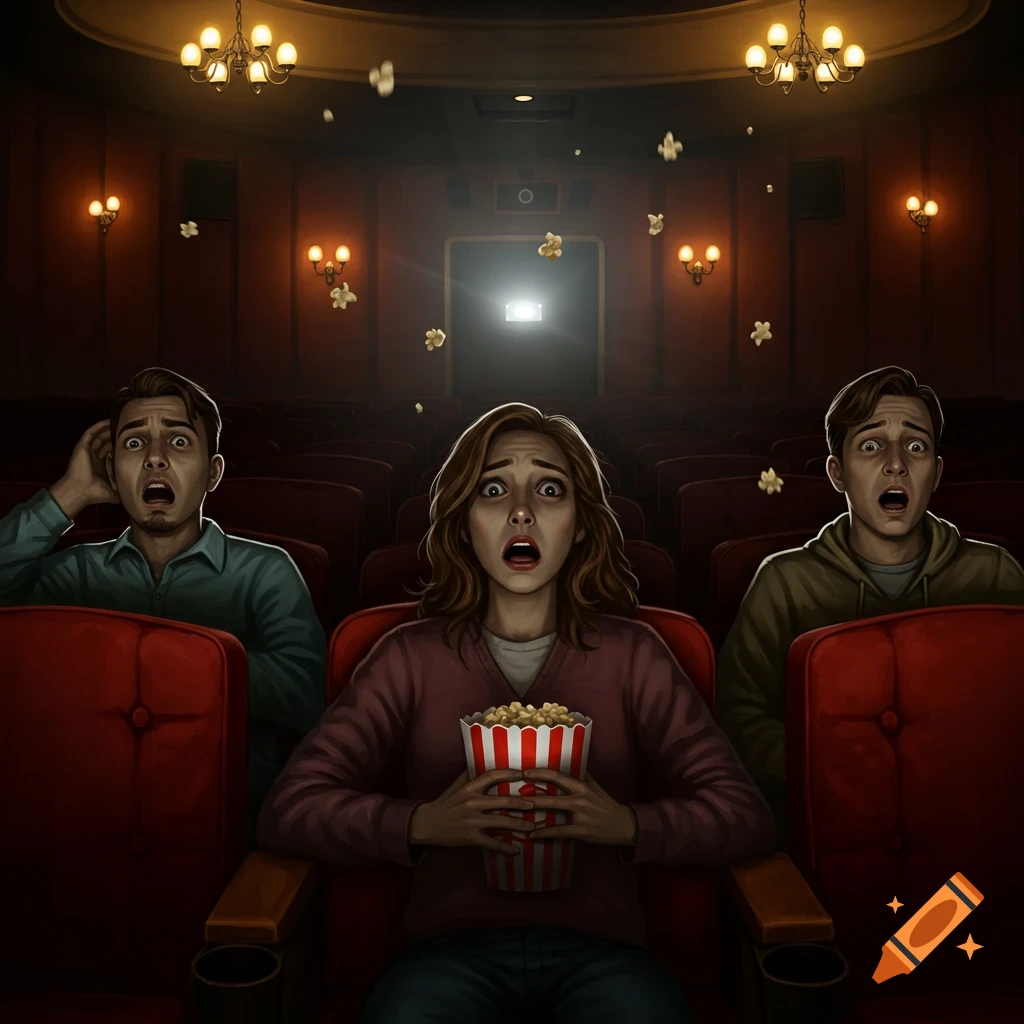 Three terrified people, an illustration, sit in a dark movie theater with popcorn flying, watching a scary film.