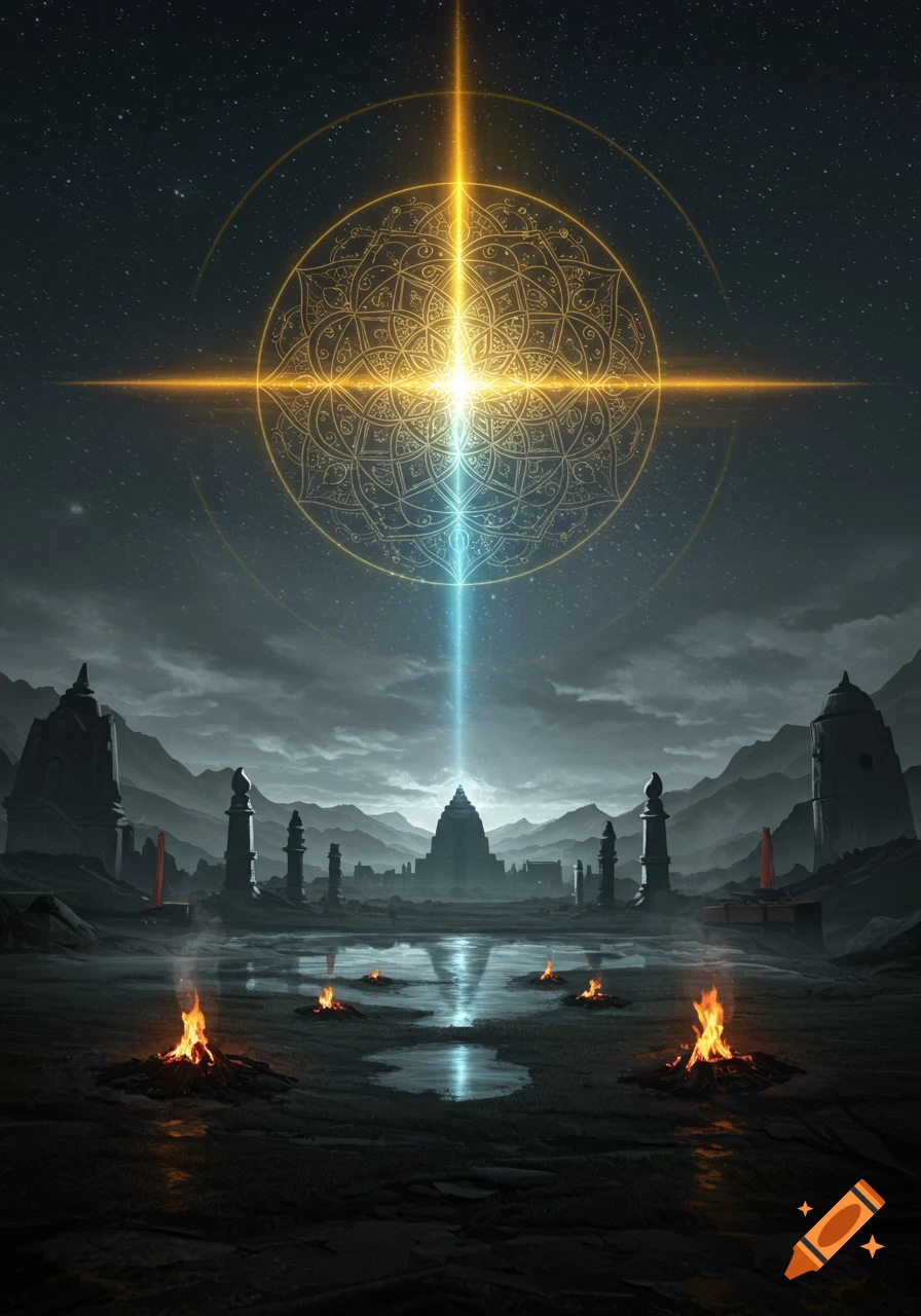 A mystical light beam pierces a starry night sky through a golden mandala, illuminating ancient temple ruins and small fires on the ground.