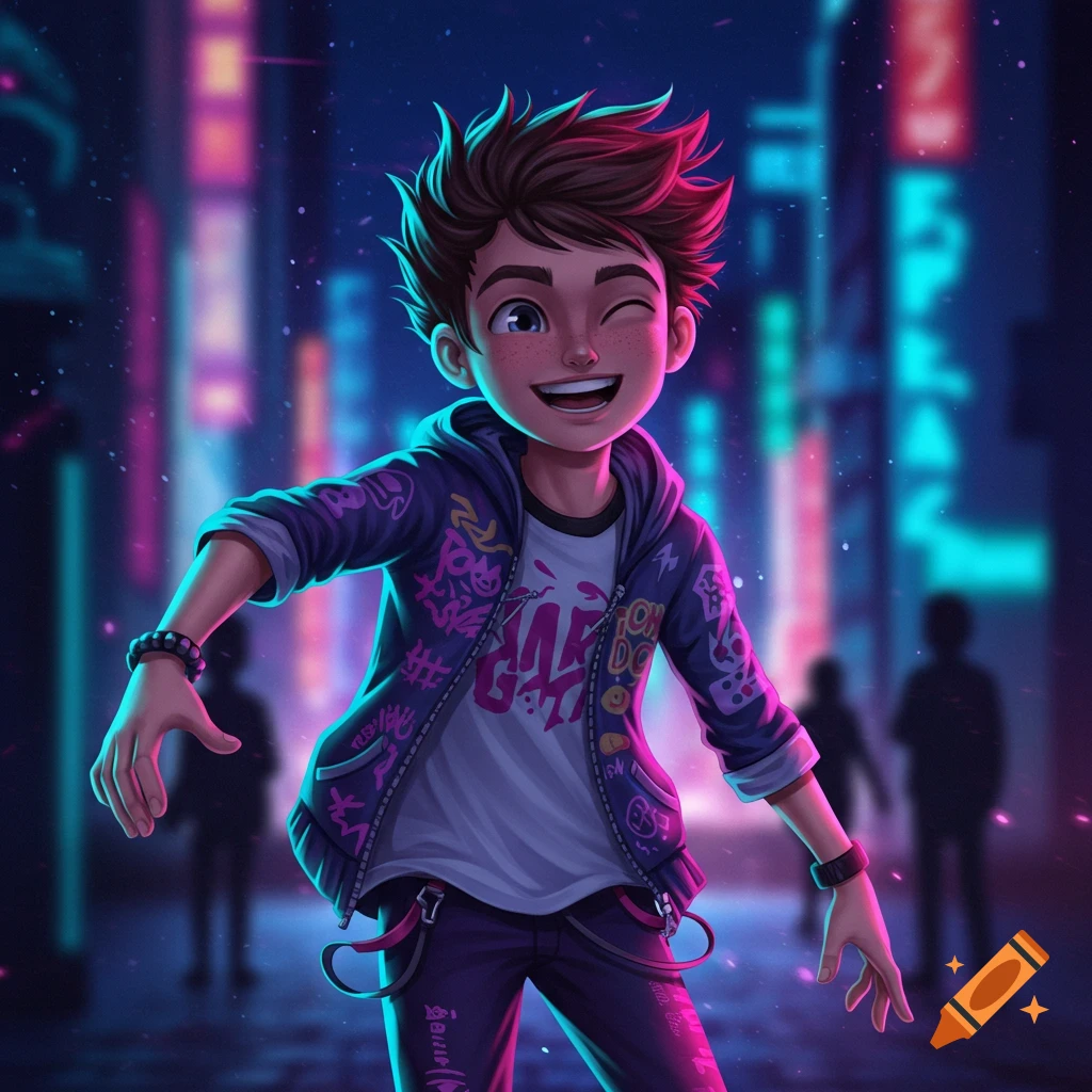 A winking, smiling animated boy in a graffiti hoodie stands in a neon-lit cyberpunk city street.