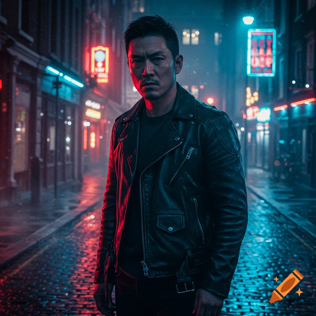 Photorealistic portrait of an Asian man in a leather jacket on a wet, neon-lit city street at night.