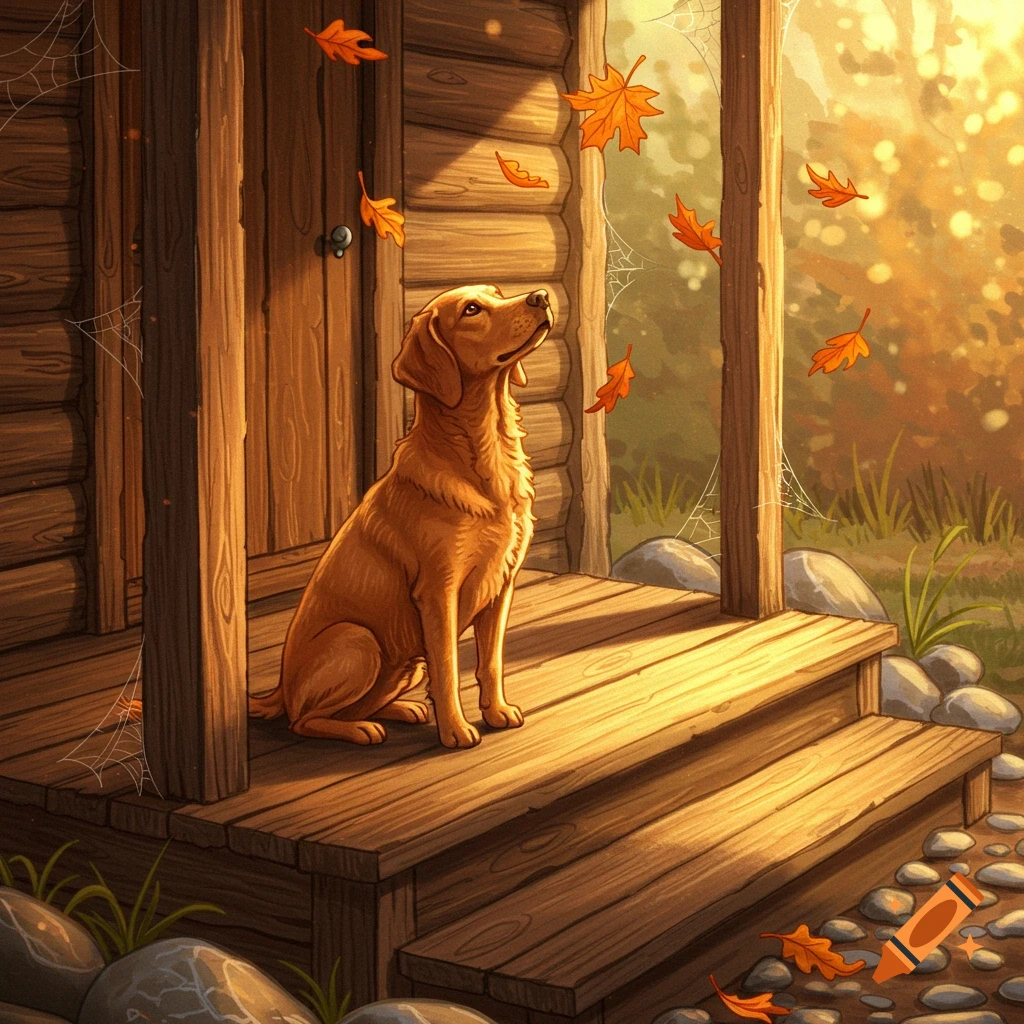 A golden retriever sits on a wooden porch with autumn leaves falling, bathed in warm sunlight.