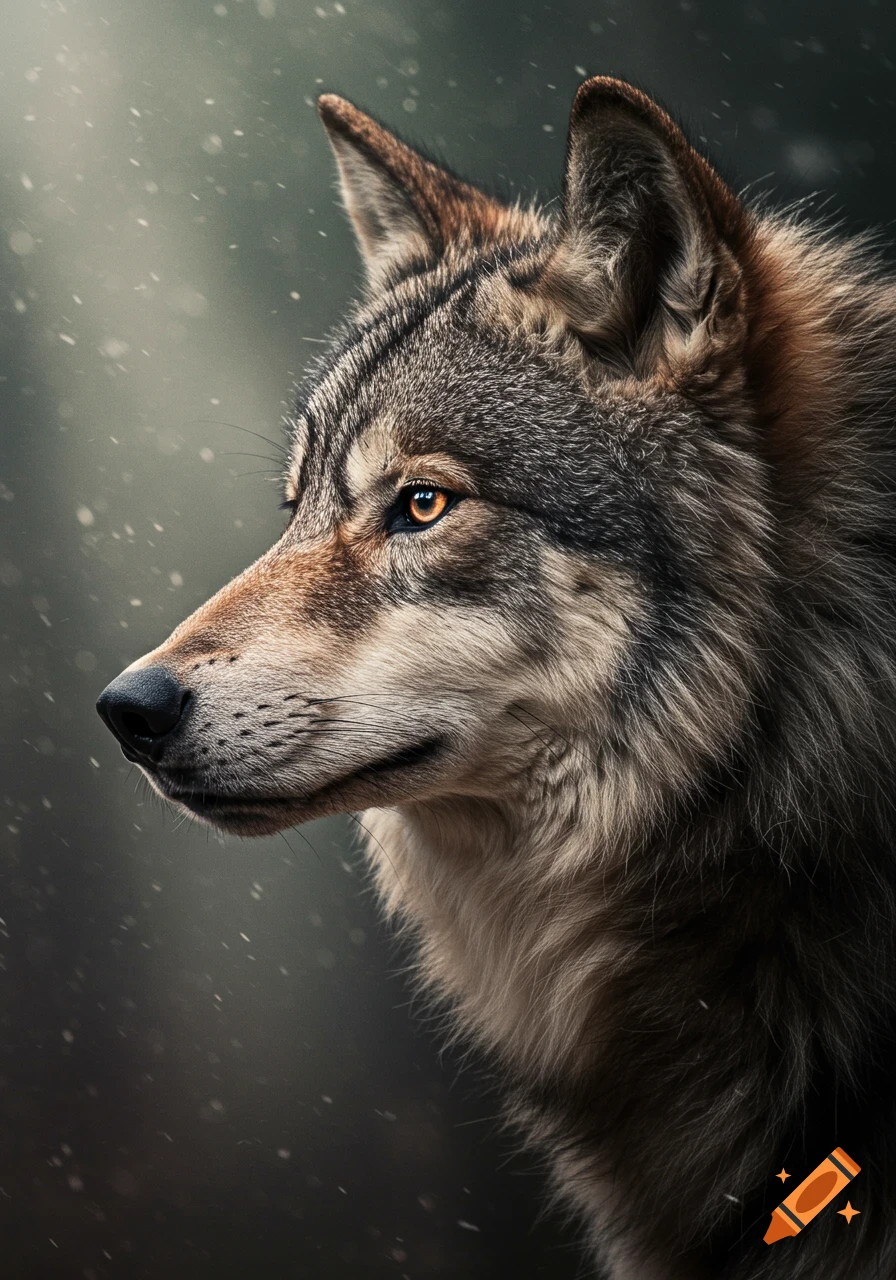 Photorealistic close-up profile of a wolf with brown, gray, and black fur and bright orange eyes, in a snowy setting.