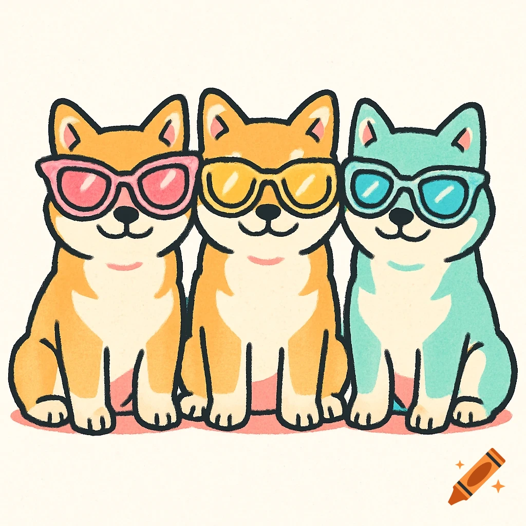 Three cute cartoon Shiba Inu dogs wearing pink, yellow, and blue sunglasses, standing in a line, in a pop illustration style.