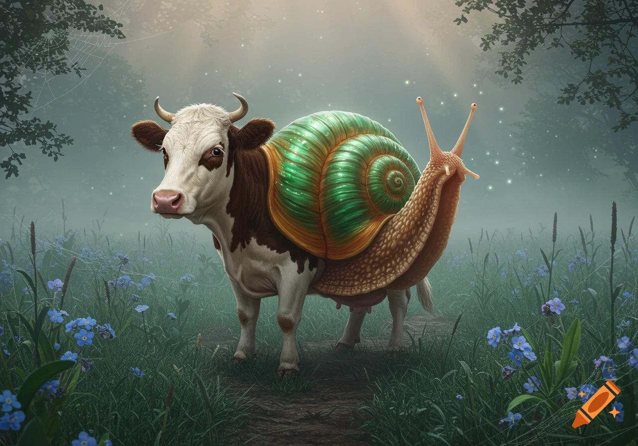A photorealistic fantasy image of a cow with a large green snail shell and snail body, standing in a misty field with blue flowers.