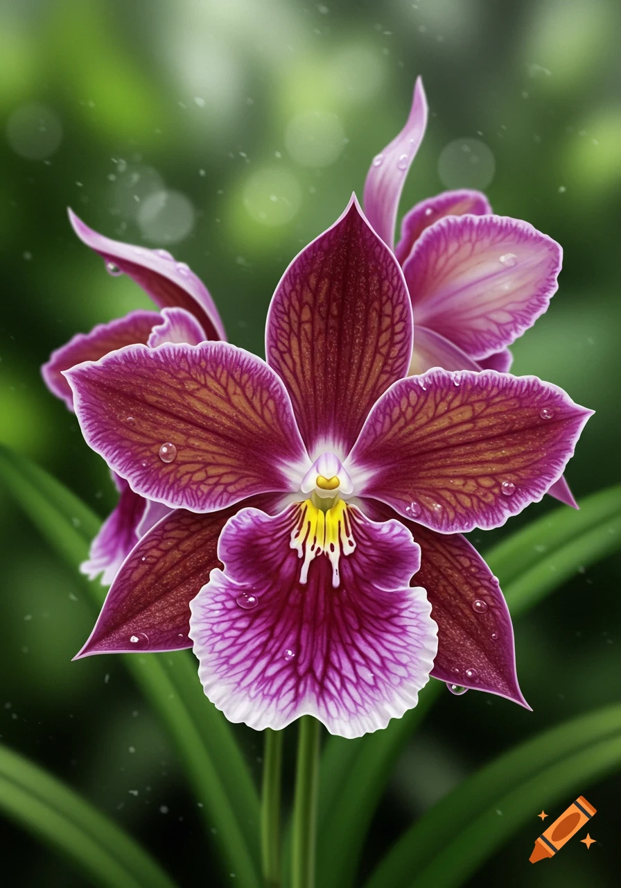 Close-up of a vibrant purple and maroon orchid with yellow and white accents, covered in water droplets, against a soft green bokeh background.
