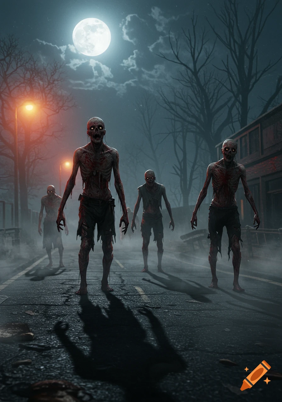 Photorealistic image of several decaying zombies walking down a foggy road at night under a full moon and dim streetlights.