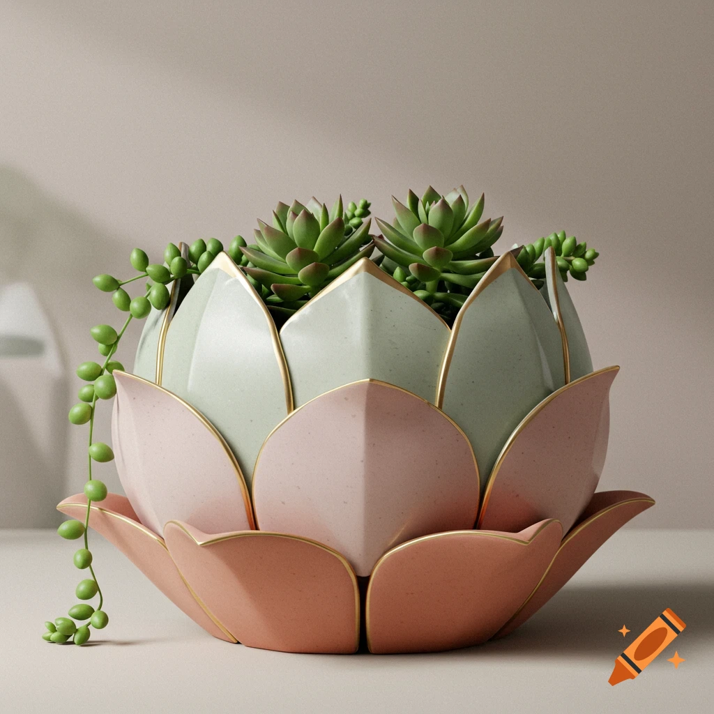 A beautifully crafted, faceted lotus-shaped ceramic pot, pale pink and green with gold trim, holding vibrant green succulents.