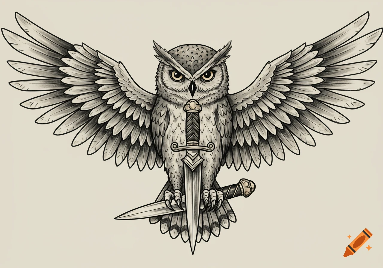 A neo-traditional and engraving style illustration of an owl with spread wings, facing forward, holding two daggers in its talons.