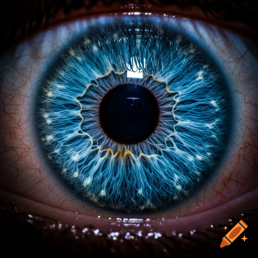 An ultra-realistic, detailed close-up of a blue human iris with intricate fiber patterns, centered pupil, and natural reflections.