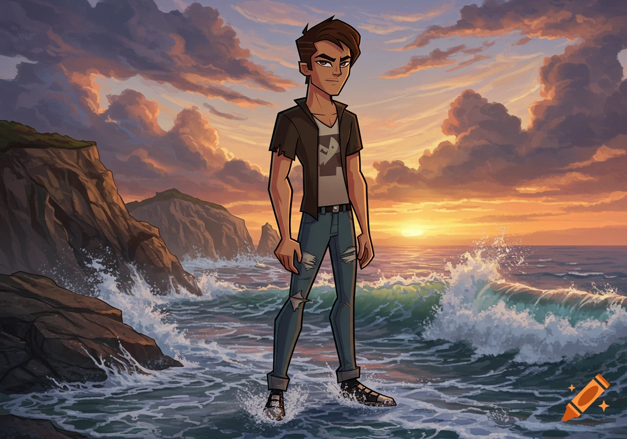 Cartoon male character in a ripped shirt and jeans stands in ocean waves with a rocky coastline and dramatic sunset sky.