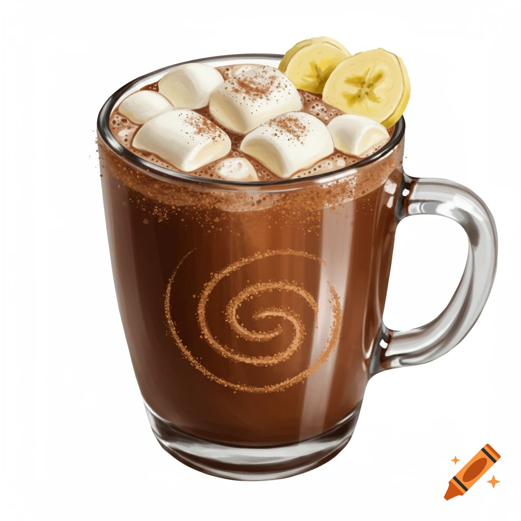 A glass mug of hot cocoa with marshmallows, banana slices, and a cinnamon swirl.