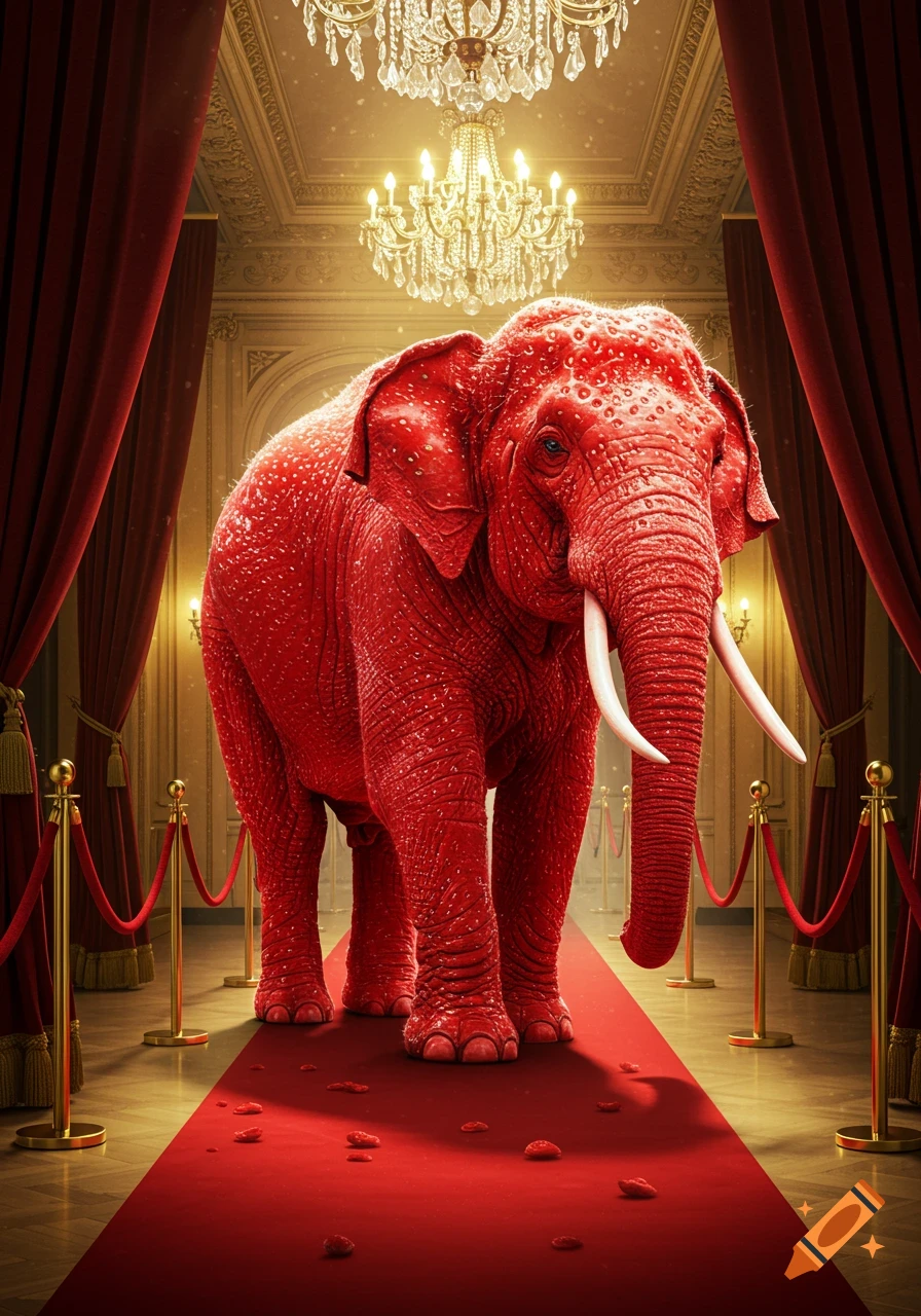 A large, red elephant with strawberry-textured skin stands on a red carpet in a luxurious hall with golden ropes and chandeliers.