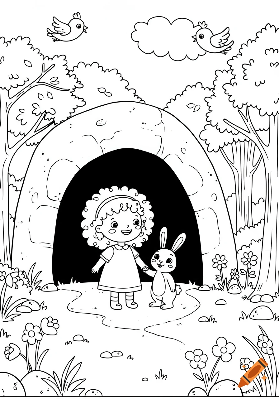 Black and white cartoon line drawing of a little girl and a rabbit holding hands in front of a cave in a forest, with birds and flowers.