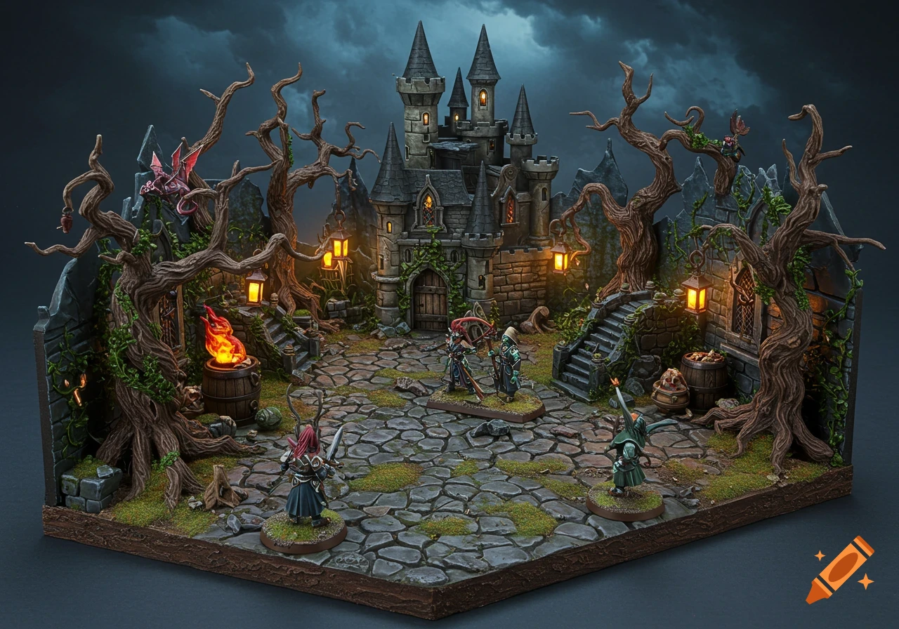 Detailed gothic fantasy diorama featuring a dark castle, twisted trees, and miniature figures on a stone path under a stormy sky.
