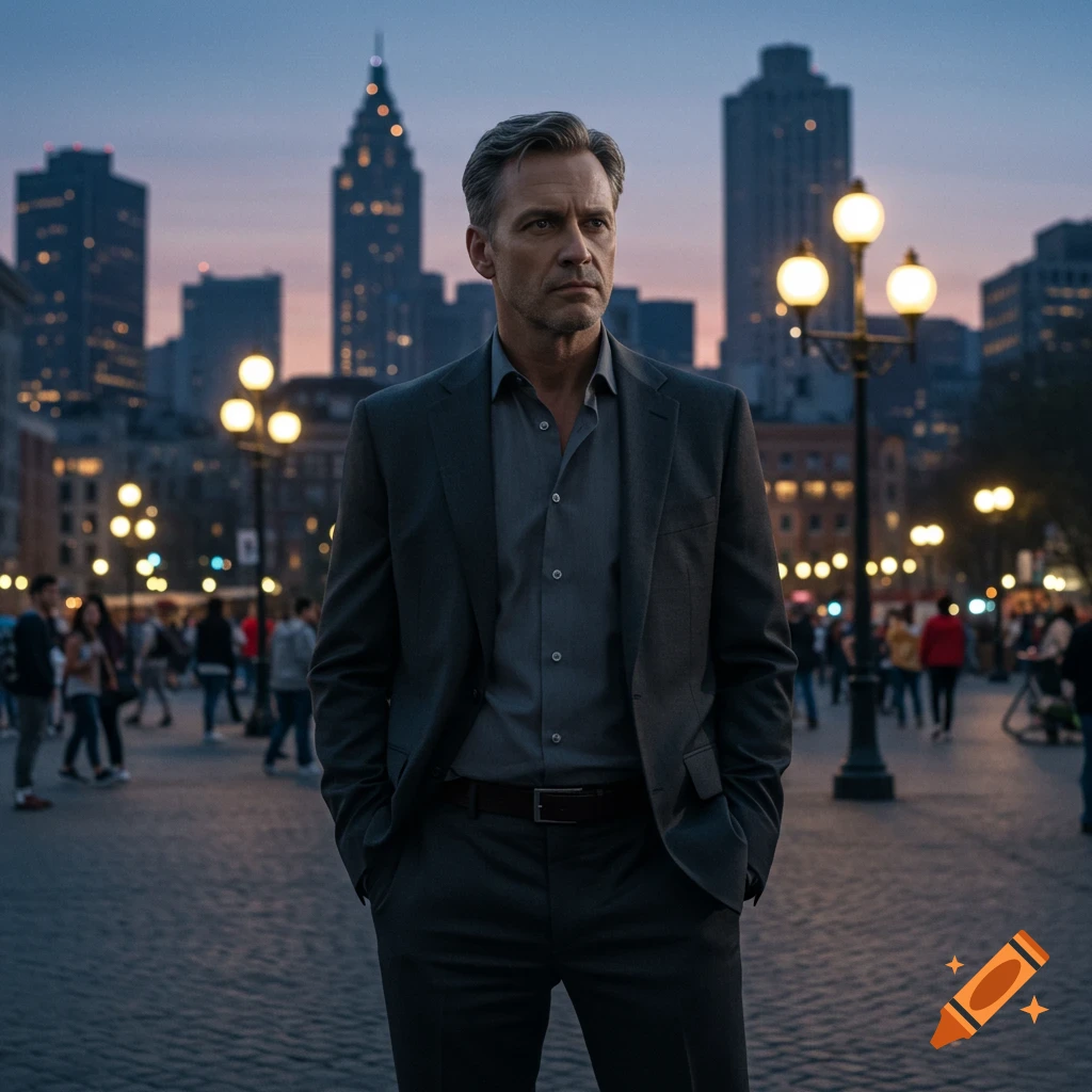 A man in a dark suit stands pensively in a bustling city square at dusk, with glowing streetlights and buildings in the background. Photorealistic.