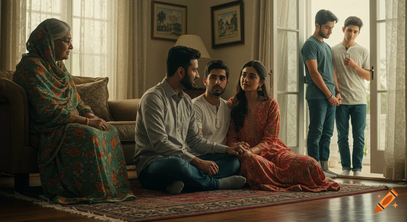 Photorealistic image of a South Asian family in a living room; an elderly mother on a couch, a couple on the floor holding hands, and two men standing in a doorway.