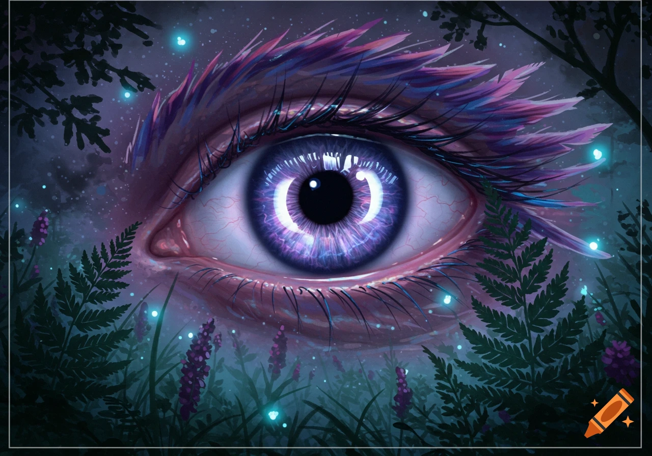 A large, vibrant purple and blue stylized eye with feathery lashes, surrounded by dark forest foliage and glowing blue lights in a mystical, dark setting.