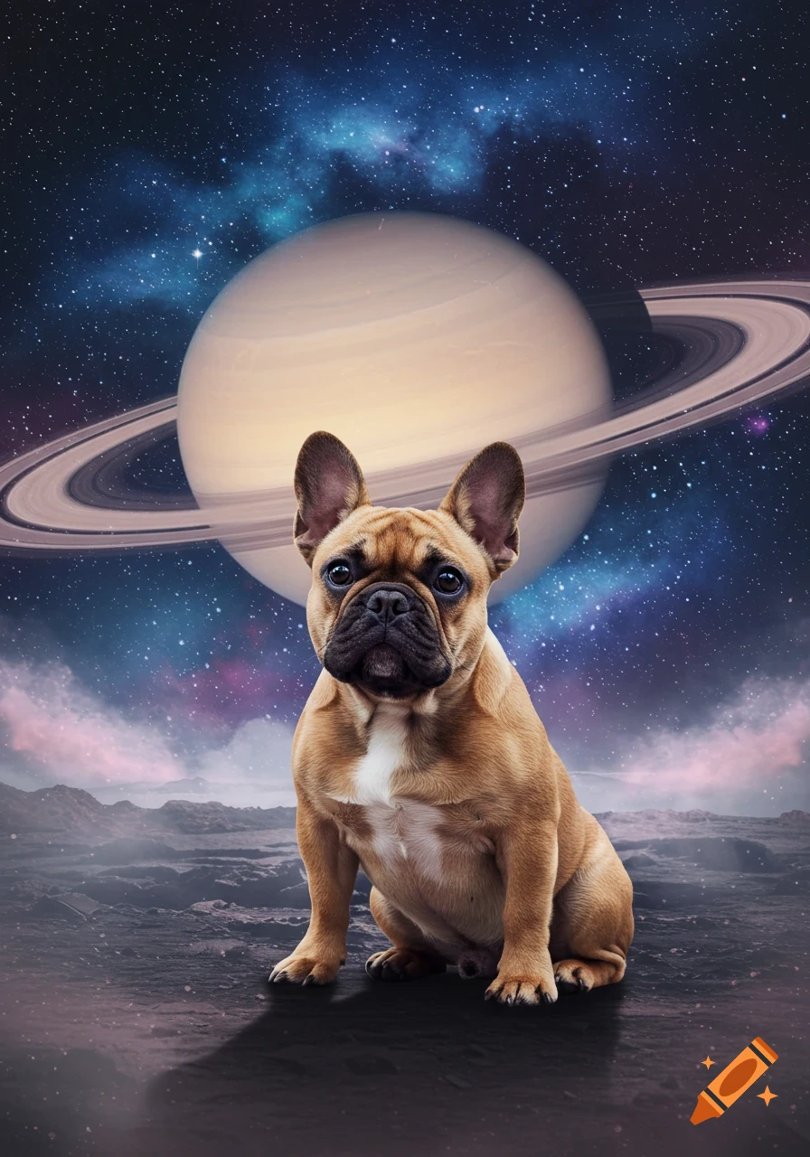 A photorealistic French Bulldog sits on a rocky alien planet with Saturn and a starry sky in the background.