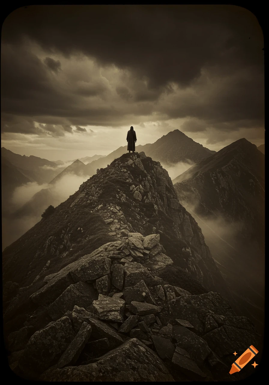 A figure in robes stands atop a craggy mountain peak under a dark, cloudy sky, rendered in a dramatic sepia tone.