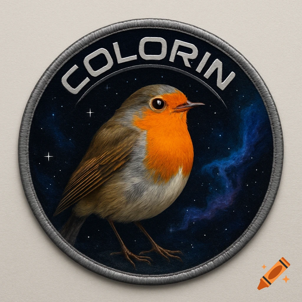 A detailed circular embroidered patch featuring a robin against a starry night sky with nebulae, and the word COLORIN.