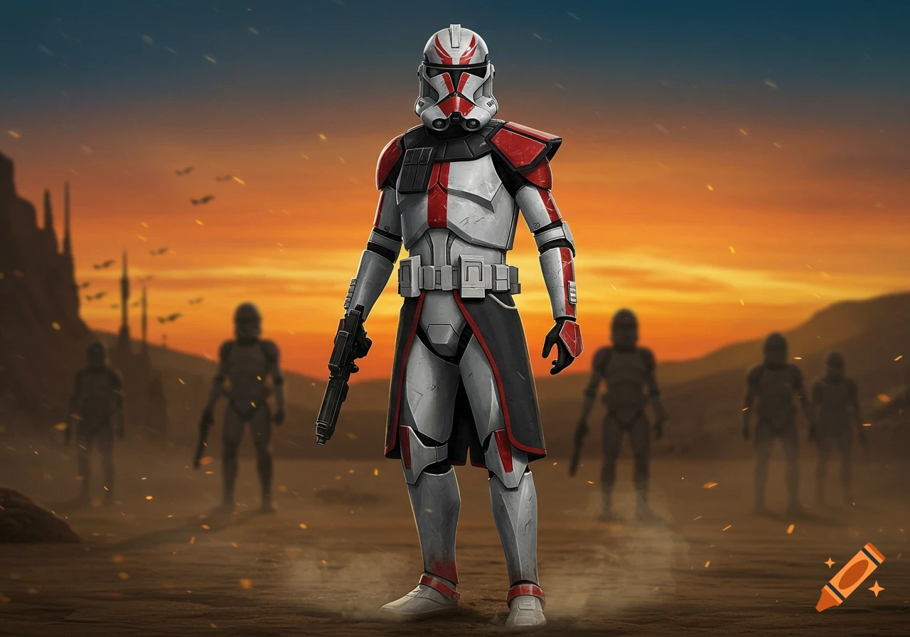 A Star Wars clone trooper in red and white armor stands on a dusty planet at sunset, with blurred troopers in the background.