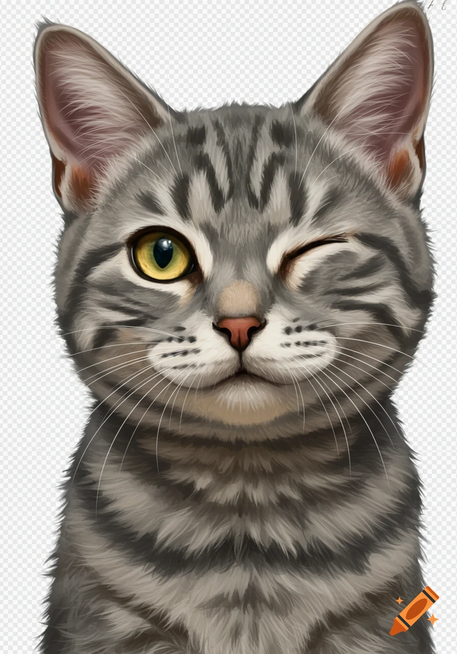 A close-up portrait of a gray tabby cat with yellow eyes, winking playfully against a transparent background.