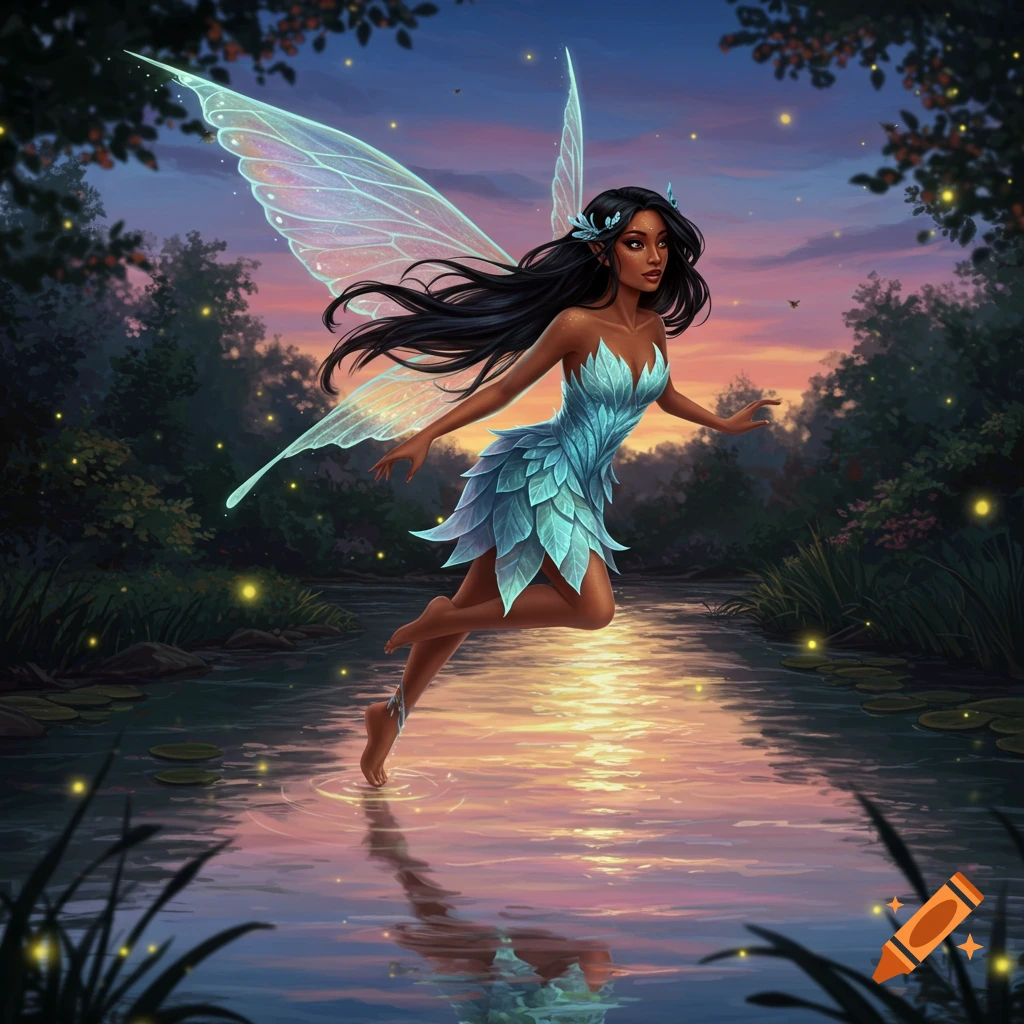 A dark-skinned fairy with long black hair, wearing a blue leaf dress, flies gracefully over a shimmering river at sunset in a magical forest.