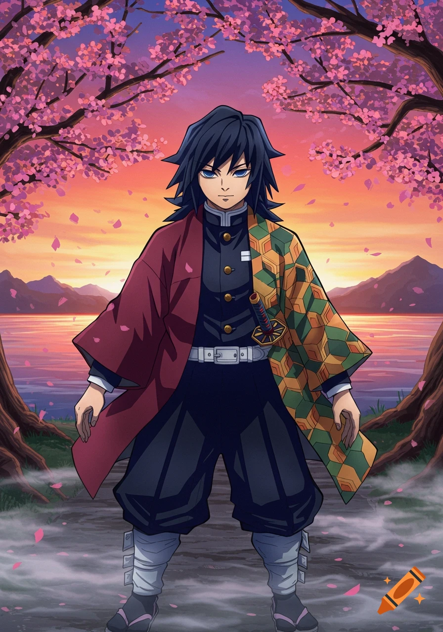 Anime character Giyu Tomioka stands amid falling cherry blossoms at sunset, with a lake and mountains in the background.