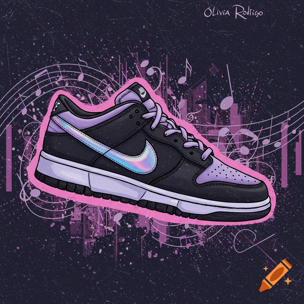 Stylized illustration of a black and purple Nike Dunk sneaker with a holographic swoosh on a dark background with pink musical notes and "Olivia Rodrigo" text.