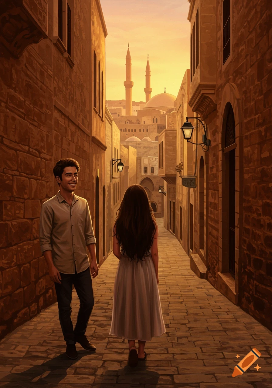 Illustrated scene of a man and woman in a narrow ancient stone street at sunset, with minarets in the background.