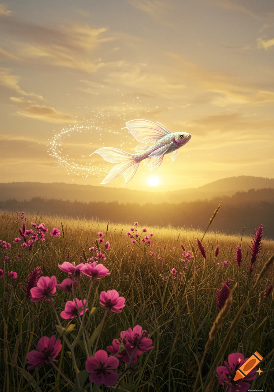 A shimmering, winged fish flies over a field of pink flowers and tall grass during a golden sunset.