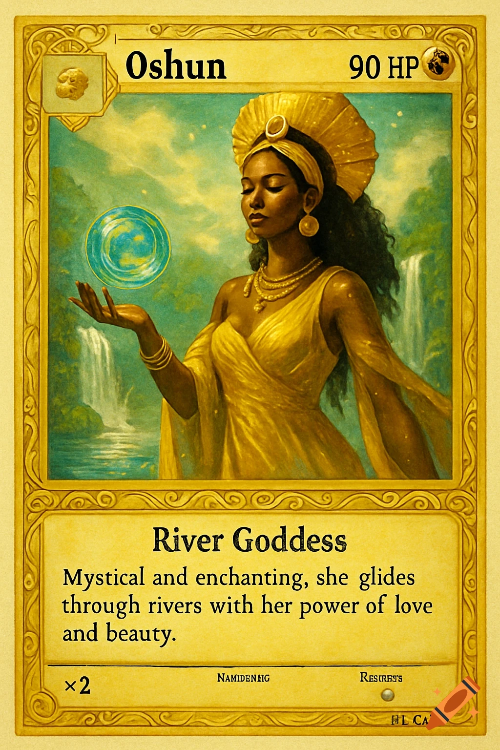 An illustrative fantasy card features Oshun, an African river goddess in gold attire, holding a glowing orb, with waterfalls behind her.