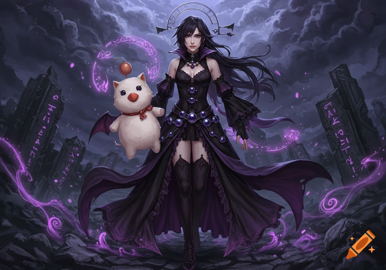 Fantasy illustration of a dark-haired woman in a gothic dress, holding a white winged creature, in a ruined landscape with purple magic.