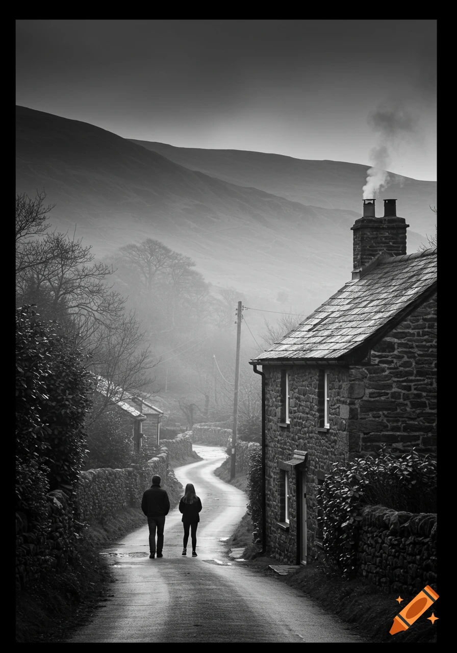 A black and white photo of a man and a girl walking away on a winding lane towards a stone cottage with smoke from the chimney, set in a misty valley with mountains.