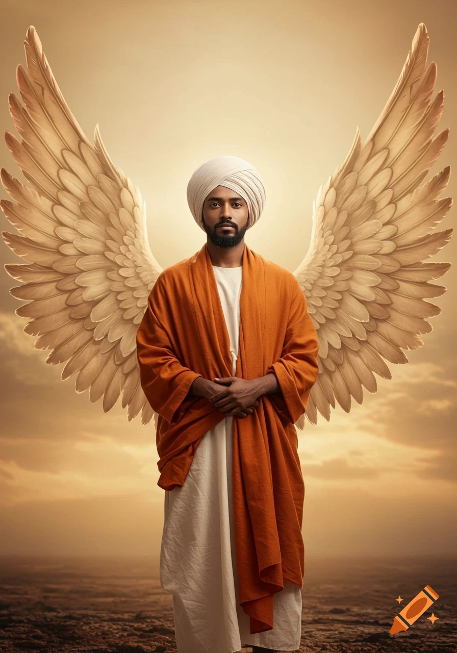 Photorealistic portrait of a man in a white turban and orange robe, with large golden wings, standing against a golden, cloudy sky.