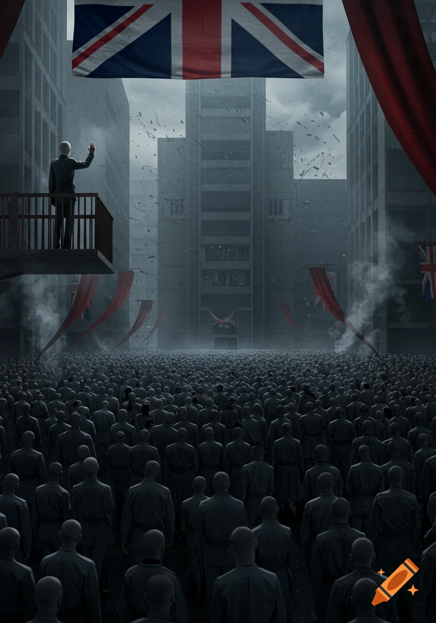 A leader on a balcony waves to a vast, uniformed crowd in a dark, dystopian city with brutalist buildings and British flags.