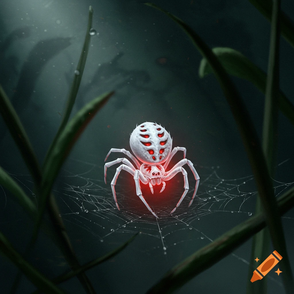 A stylized white spider with glowing red eyes and markings sits on a dewy web in a dark, moody forest.