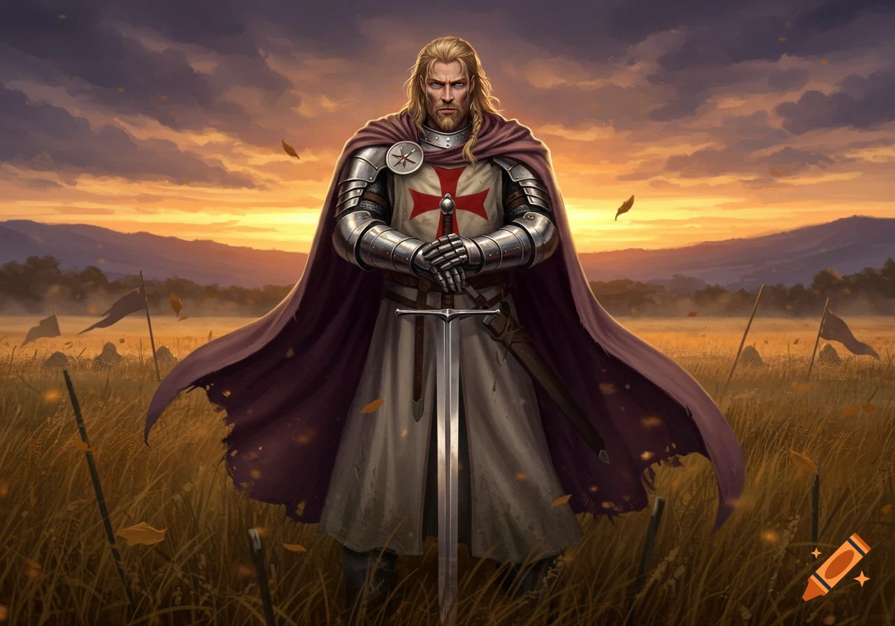 A formidable Knight Templar with long blond hair stands in a golden field at sunset, gripping a two-handed sword in a realistic digital painting.