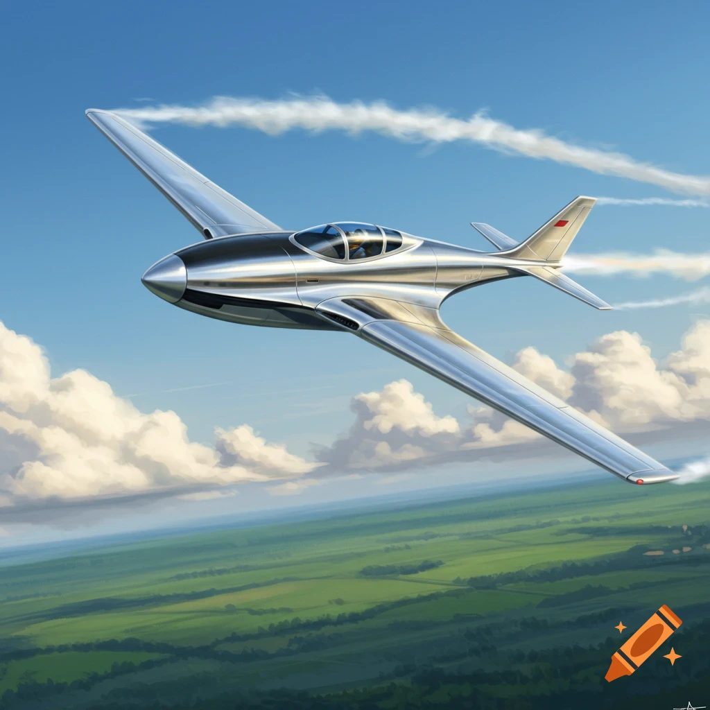 A sleek, silver futuristic plane flies through a blue sky with white clouds over a green, rural landscape, illustrated in a digital painting style.
