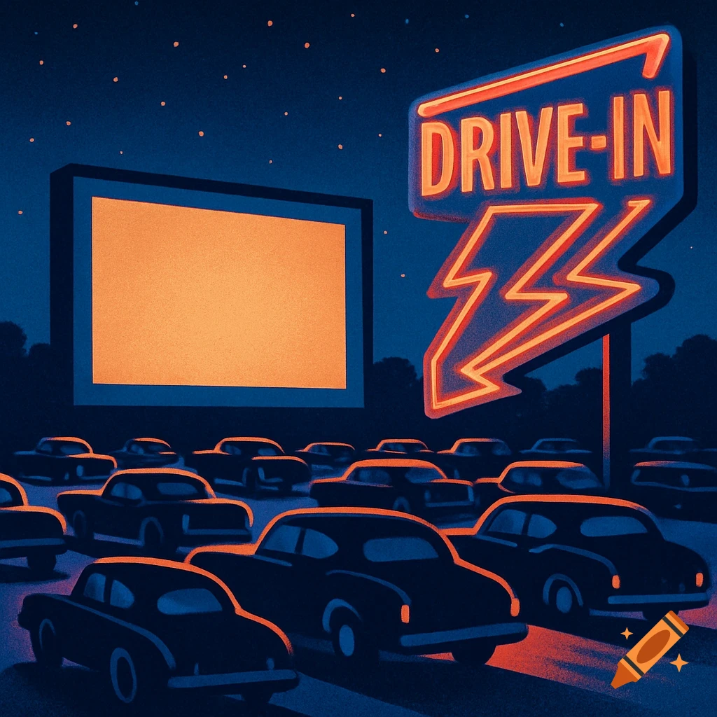 An illustrated retro drive-in movie theater at night with classic cars facing a large blank screen and a neon 'DRIVE-IN' sign.