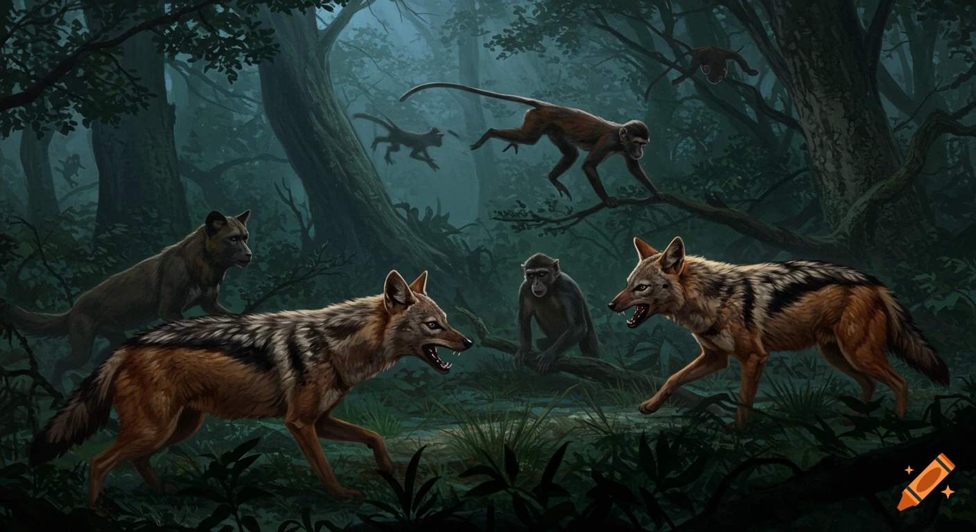 Two fierce jackals confront monkeys in a dark, lush forest, digital painting.