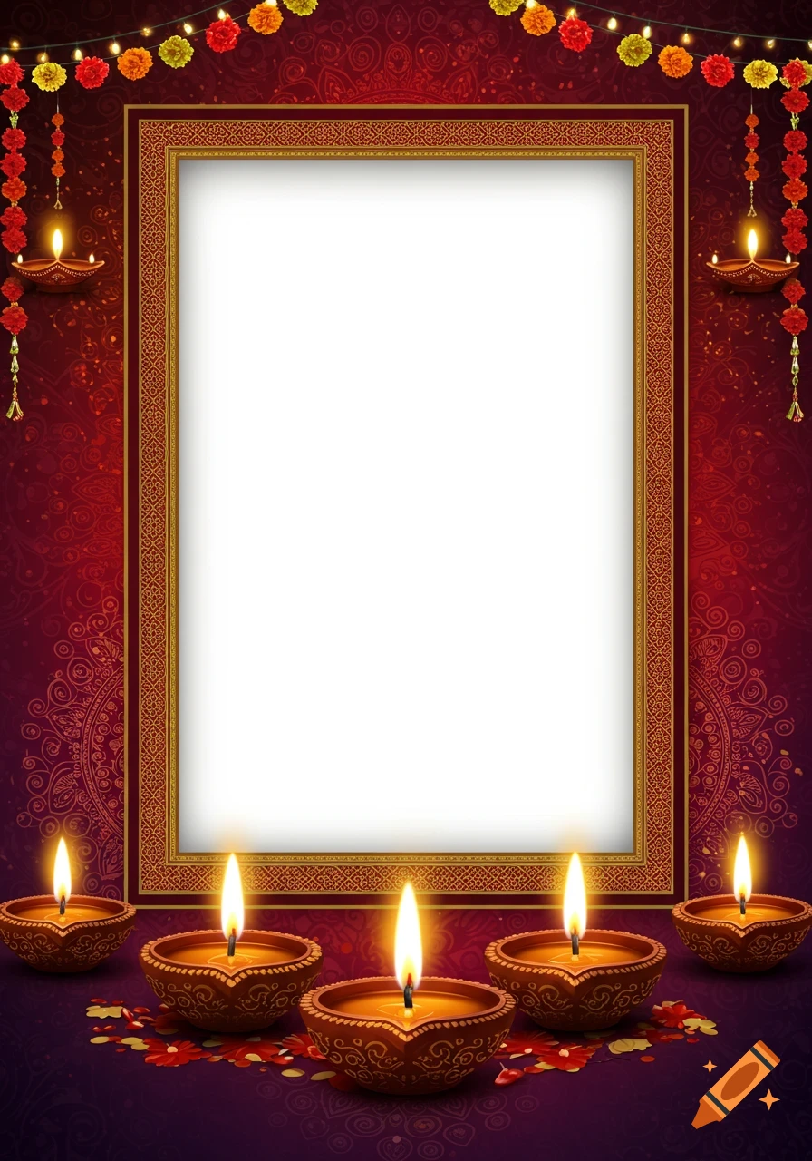 A vertical Diwali-themed photo frame with a blank white center, five lit oil lamps (diyas), and festive garlands on a red and purple background.